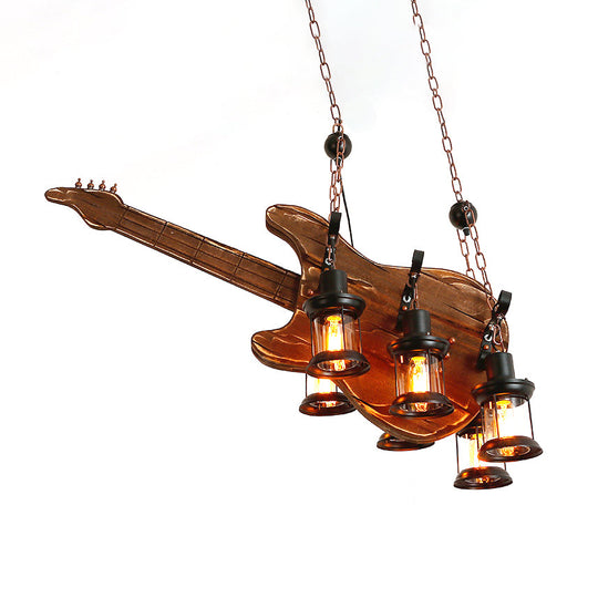 Coastal Brown Lantern Chandelier With Clear Glass And Wooden Accents - 6-Light Pendant Fixture For