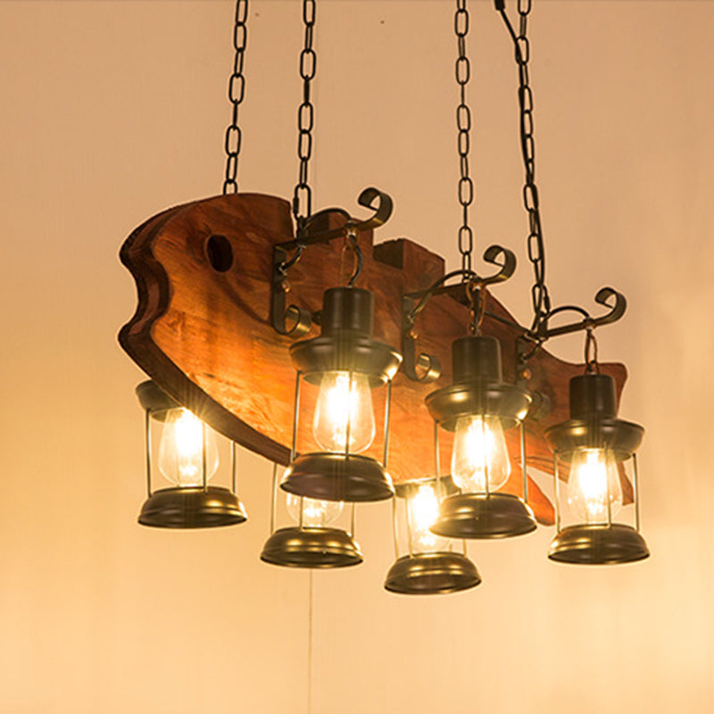 Coastal Black 6-Bulb Lantern Ceiling Lamp For Living Room With Rectangle/Fish Design