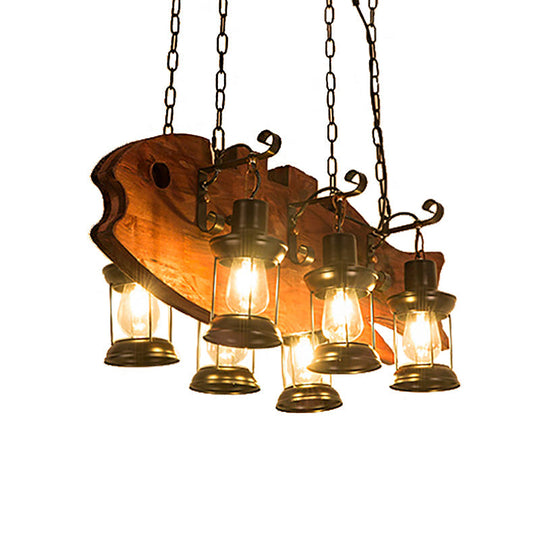 Coastal Black 6-Bulb Lantern Ceiling Lamp For Living Room With Rectangle/Fish Design