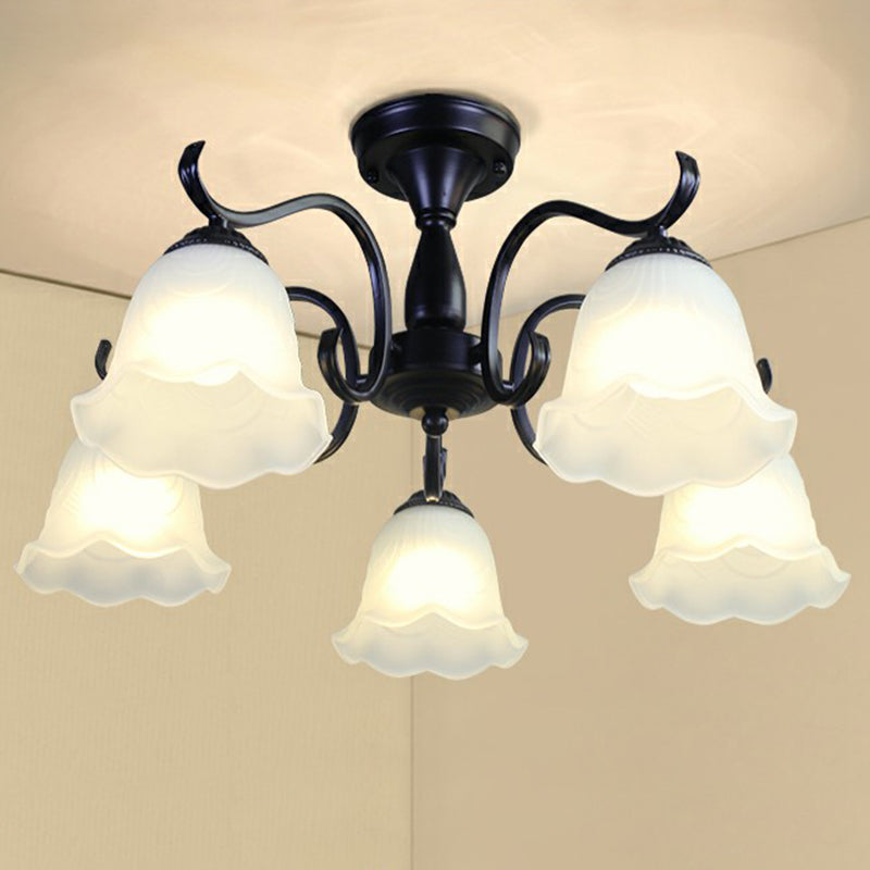 Vintage Opal Glass Semi Flush Mount Chandelier - Black Bell Shaped Ceiling Light For Living Room 5
