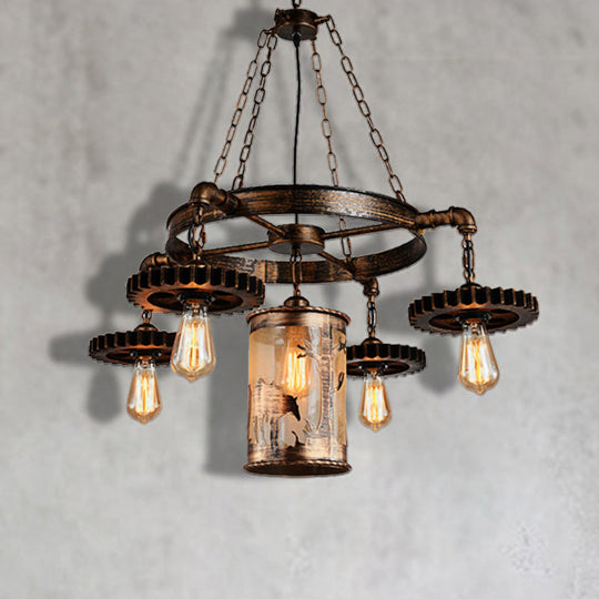 Vintage Metal Cylinder Chandelier: 5/7 Light Dining Room Pendant In Bronze With Gear
