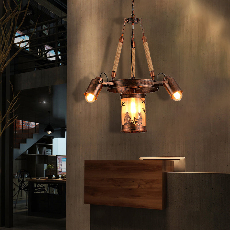 Vintage Cylinder Metal Chandelier - 4/7 Light Pendant In Weathered Copper For Dining Room Lighting