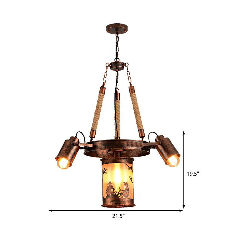 Vintage Cylinder Metal Chandelier - 4/7 Light Pendant In Weathered Copper For Dining Room Lighting