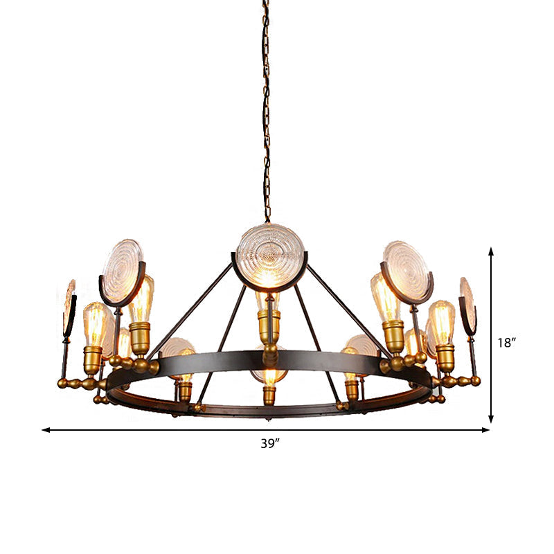 Clear Textured Glass Chandelier: Round Industrial Pendant Lighting - 6/8 Light | Brass Finish For