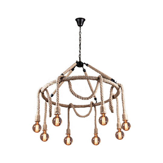 Industrial Beige Rope Chandelier - Exposed Bulbs 6/8 Lights Ideal For Dining Room