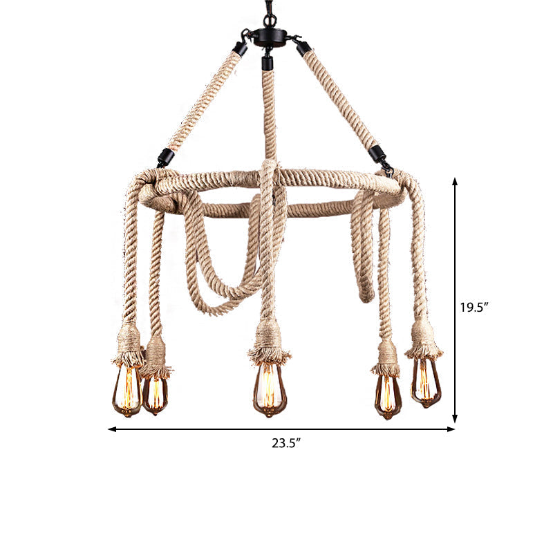 Industrial Beige Rope Chandelier - Exposed Bulbs 6/8 Lights Ideal For Dining Room