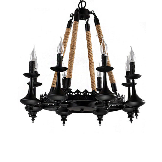 Rustic Metal And Rope Pendant Chandelier With 3/6/8 Lights - Black Candle Dining Room Hanging