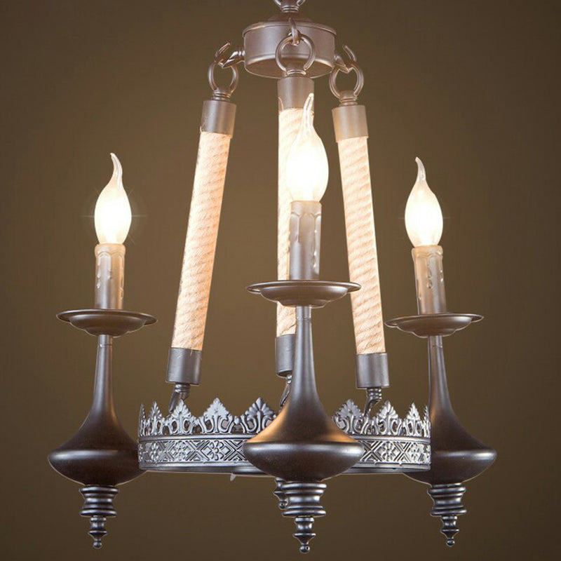 Rustic Metal And Rope Pendant Chandelier With 3/6/8 Lights - Black Candle Dining Room Hanging