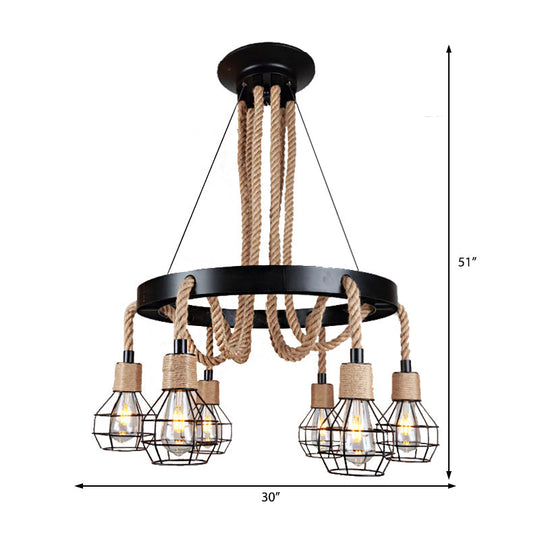 Rustic Metal And Rope Chandelier: Globe Pendant Lighting For Dining Room (6/8 Light) In Black With