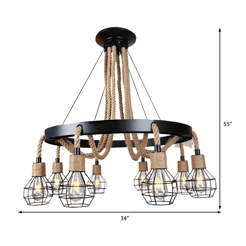 Rustic Metal And Rope Chandelier: Globe Pendant Lighting For Dining Room (6/8 Light) In Black With