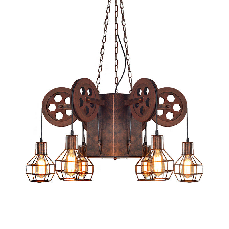 Industrial Metal Rust Pendant Lamp - Caged Globe 4/6-Light Chandelier With Gear Fixture