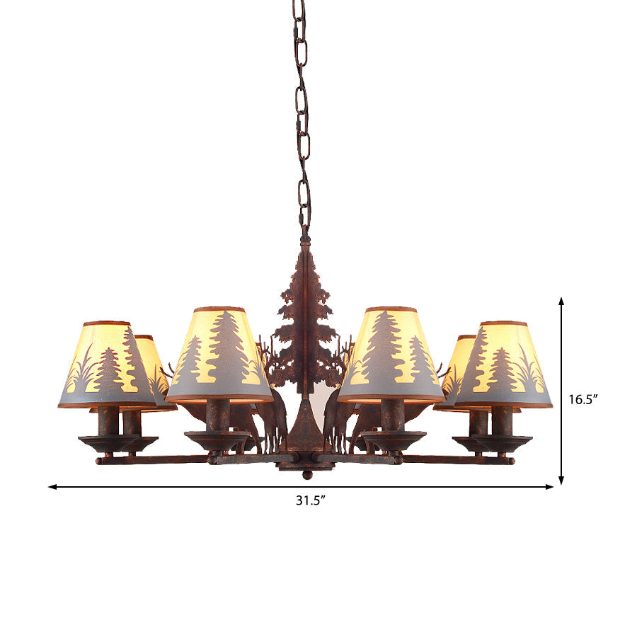 Industrial Cone Metal & Fabric Chandelier - 3/5/8 Light Pendant Lighting For Dining Room In Rust