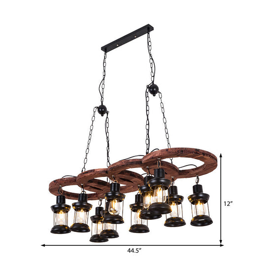 Vintage Black Chandelier Pendant Lamp With Clear Glass Lantern And Wooden Shelf - 10 Lights