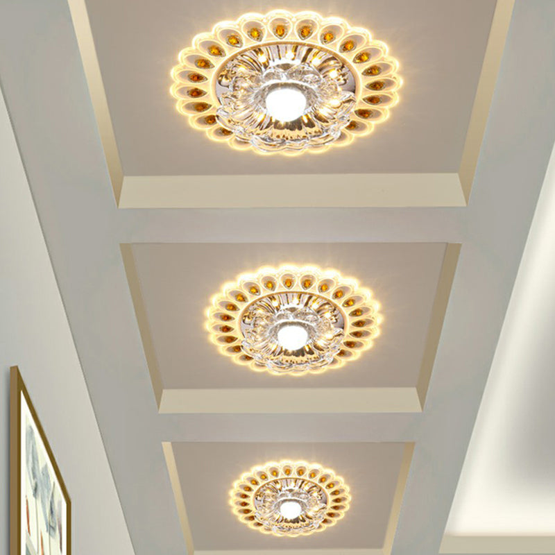 Modern Crystal Clear Led Flush Ceiling Light Fixture - Flower Shaped For Entryway / 3W Yellow