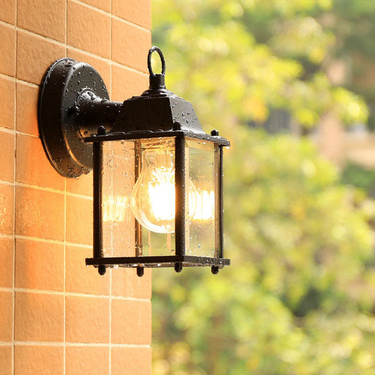 Rustic Black Glass Rectangle Wall Sconce - Courtyard Light Fixture (1 Bulb)