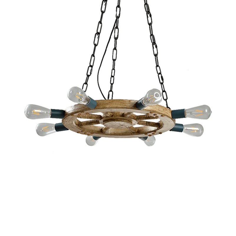 Industrial Wood 8-Light Wheel Chandelier With Black Chain - Dining Room Ceiling Fixture