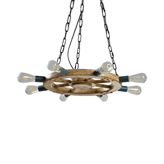Industrial Wood 8-Light Wheel Chandelier With Black Chain - Dining Room Ceiling Fixture