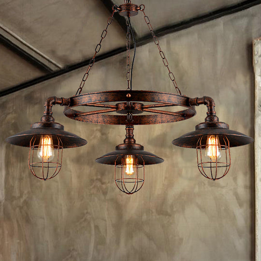 Industrial Weathered Copper Metal Hanging Chandelier - 3-Light Wagon Wheel Shade Pendant Light With