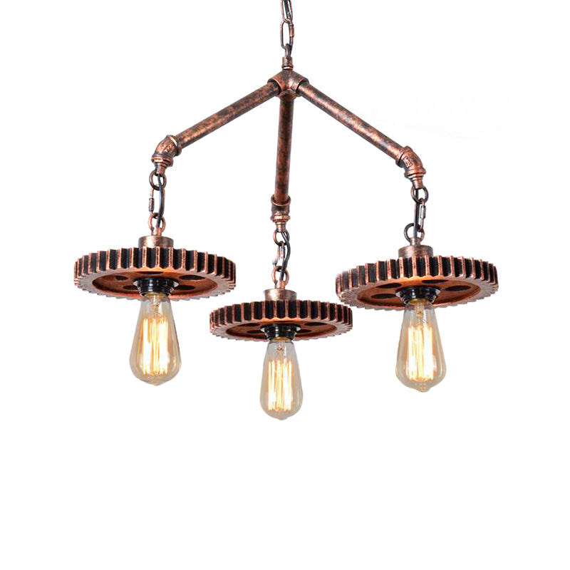Industrial Open Metal Chandelier - 3-Light Pendant Lighting In Weathered Copper Gear For Dining Room