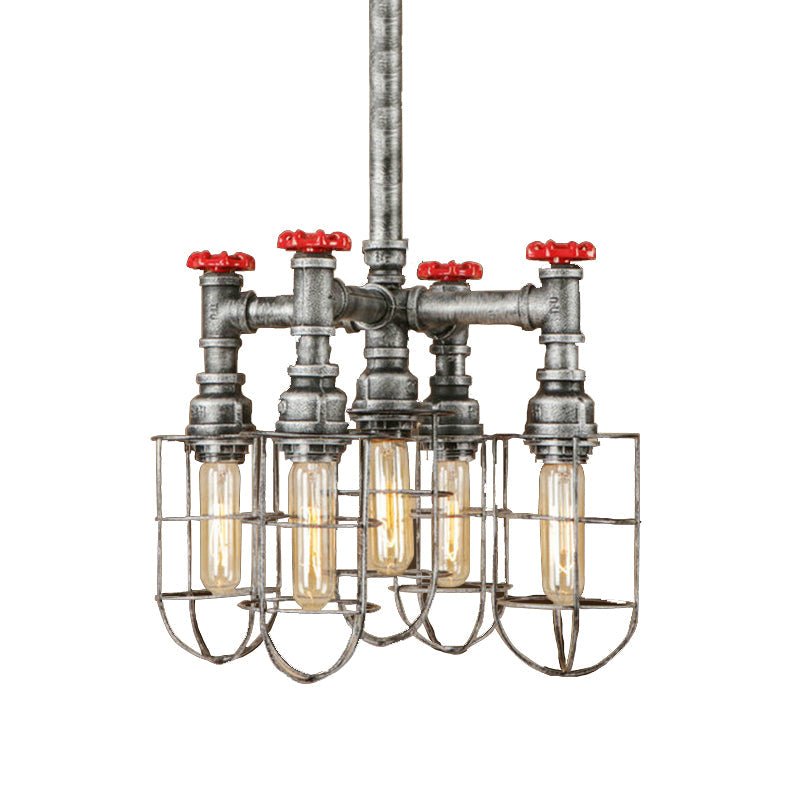 Industrial Caged Amber Glass Hanging Chandelier With Silver Valve - 5-Lights Ceiling Light Fixture