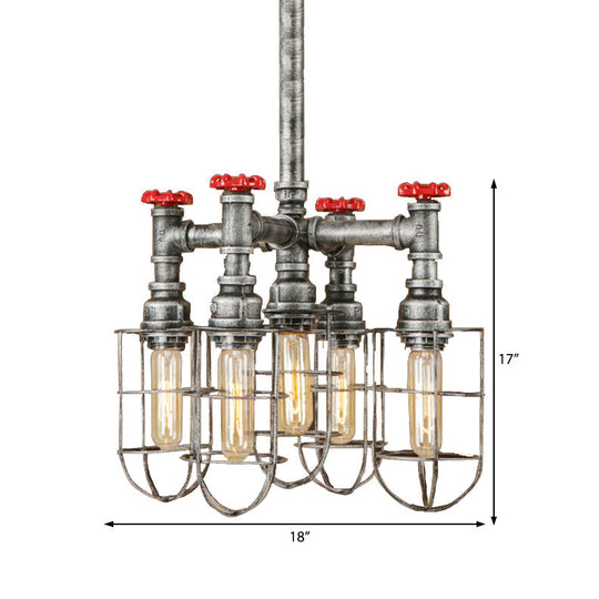 Industrial Caged Amber Glass Hanging Chandelier With Silver Valve - 5-Lights Ceiling Light Fixture