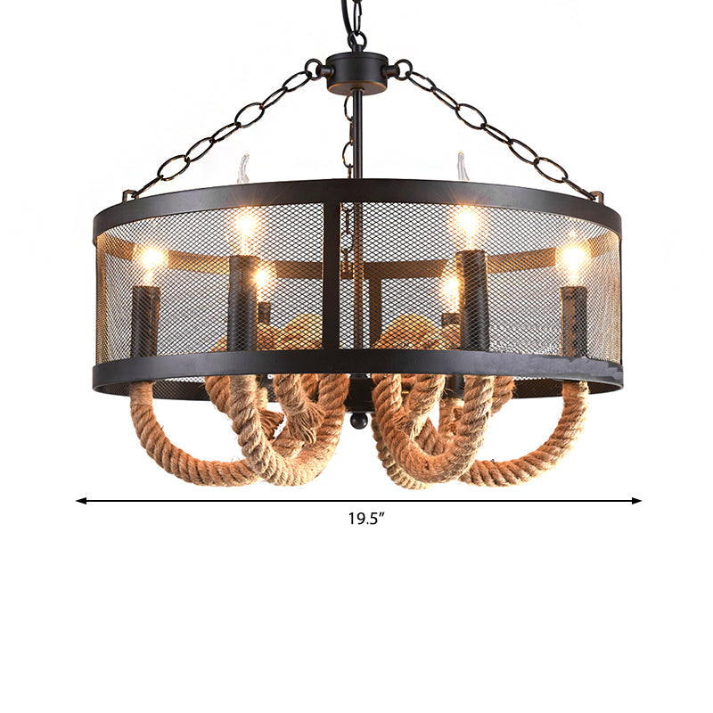 Industrial Rope Black Pendant Lamp Chandelier With 6 Candle Lights And Wire Mesh Fixture