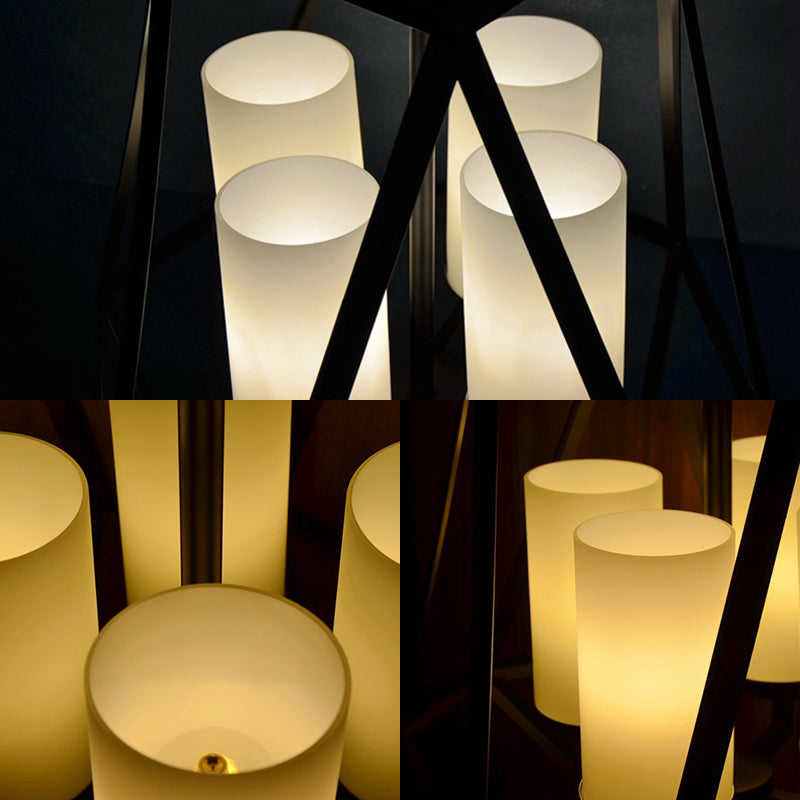 Geometric Opal Glass Dining Room Pendant Chandelier | Industrial Black Hanging Fixture With Cage