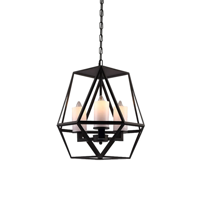 Geometric Opal Glass Dining Room Pendant Chandelier | Industrial Black Hanging Fixture With Cage