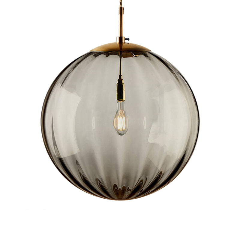 Modern Blue/Purple/Smoky Ribbed Glass Sphere Pendant Light - Led Hanging Ceiling Lamp For Bedroom