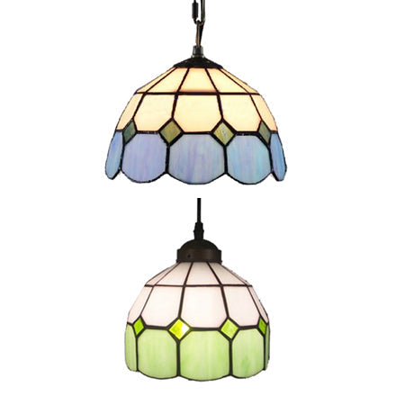 Tiffany Glass Ceiling Pendant Light - Green/Blue Hand Cut 1-Head Suspension Lamp For Restaurants
