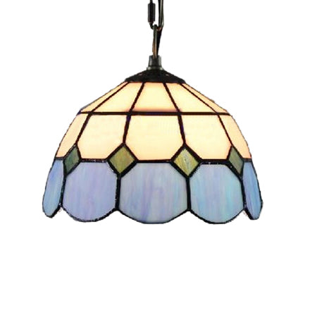 Tiffany Glass Ceiling Pendant Light - Green/Blue Hand Cut 1-Head Suspension Lamp For Restaurants