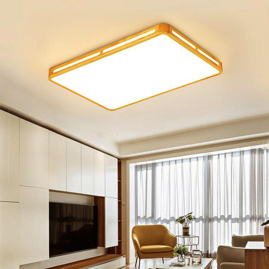 Minimalist Wood Beige Led Flush Mount Lamp For Bedroom - 25.5’/37.5’ Wide Rectangle Ceiling Light