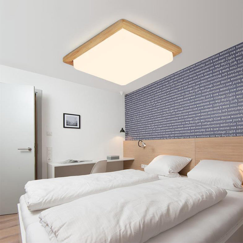 Modern Square Ceiling Mount Light With Beige Acrylic Shade Led Flush Lamp (White/Warm Light) Wood