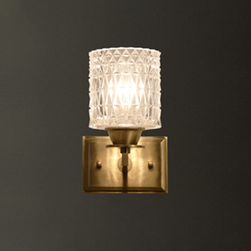 Contemporary Brass Wall Light Fixture With Lattice Glass For Corridor - Cylinder Shape