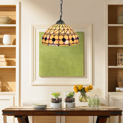 Tiffany Jeweled Pendant Lamp: Circle/Gem Pattern Stained Glass Shade Chain Included Ideal For