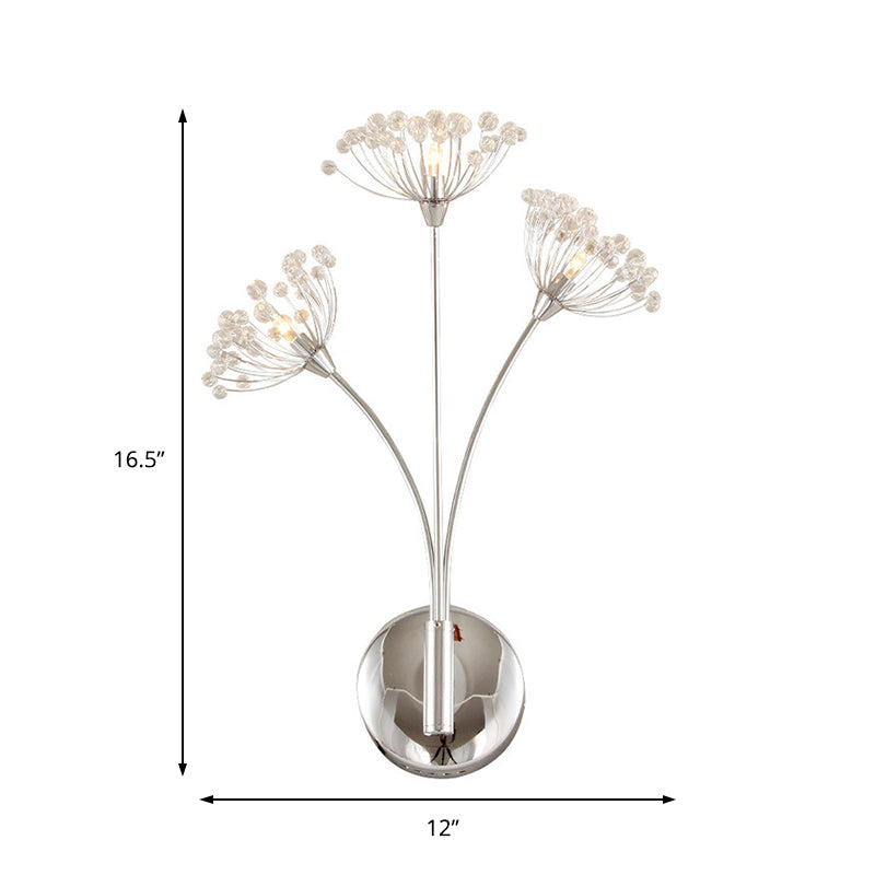 Modern Crystal Dandelion Wall Sconce Light - 3 Lights Silver Perfect For Office Room