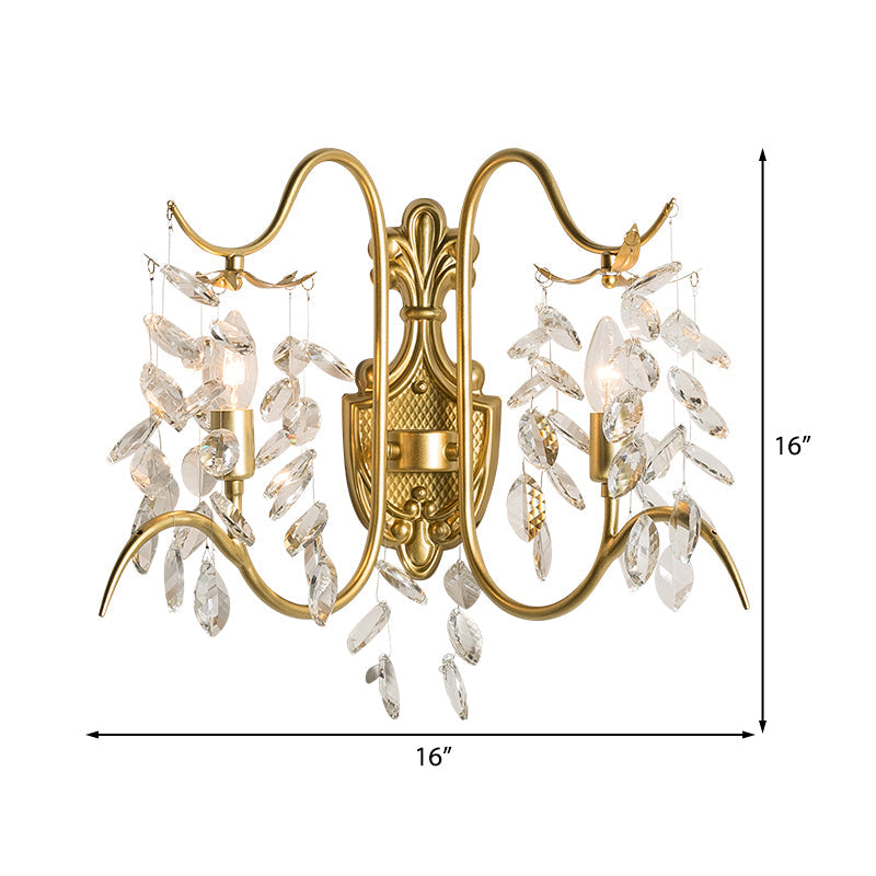 Contemporary Brass Sconce Light With Clear Crystal Strand - Curve Arm Wall (2-Light)