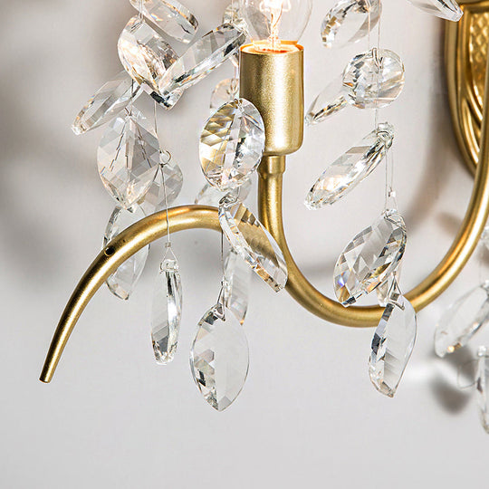 Contemporary Brass Sconce Light With Clear Crystal Strand - Curve Arm Wall (2-Light)