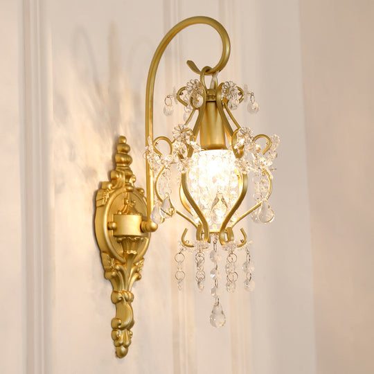 Modern Gold Metal Wall Sconce Light With Crystal Drop - 1 Corridor