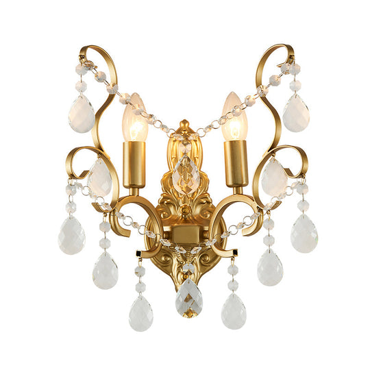 Modern Brass Wall Sconce With Teardrop Crystal - Flush Mount 1/2 Lights