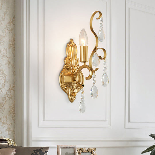 Modern Brass Wall Sconce With Teardrop Crystal - Flush Mount 1/2 Lights 1 /