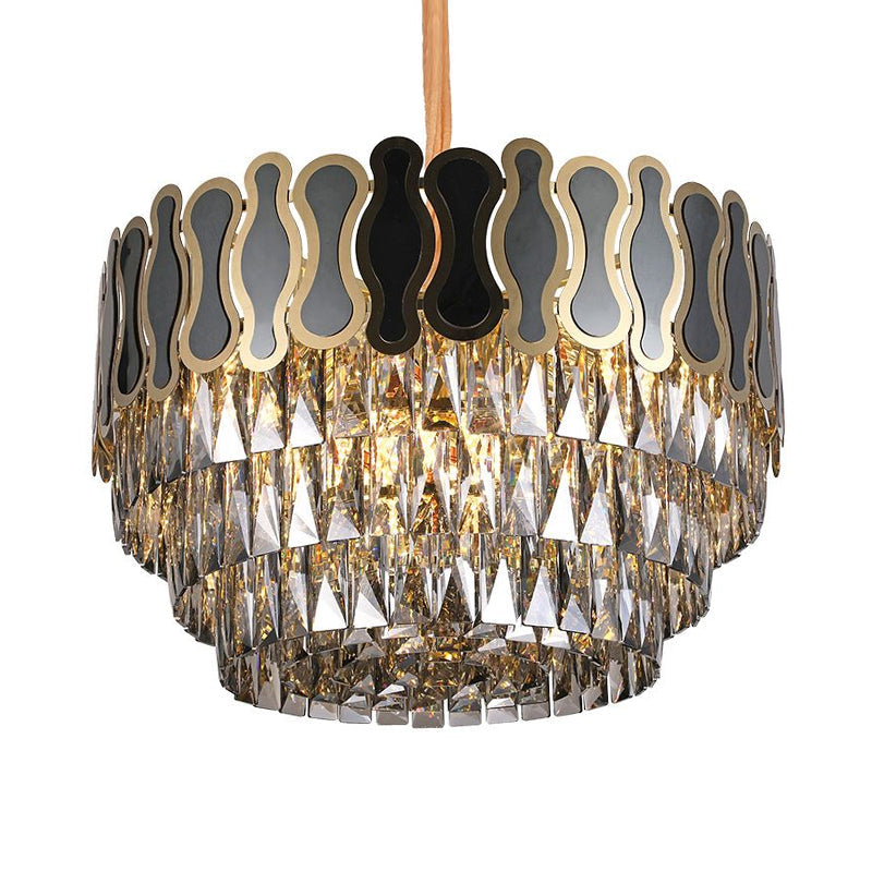Modern Metal And Crystal Tiered Hanging Light Fixture - 8/11 Lights Black Chandelier 18’/23.5’ Wide