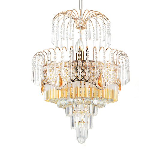 Modern Gold Chandelier Light With Layered Crystal Shade - 3/7 Lights 18’/19.5’ Wide Dining Room