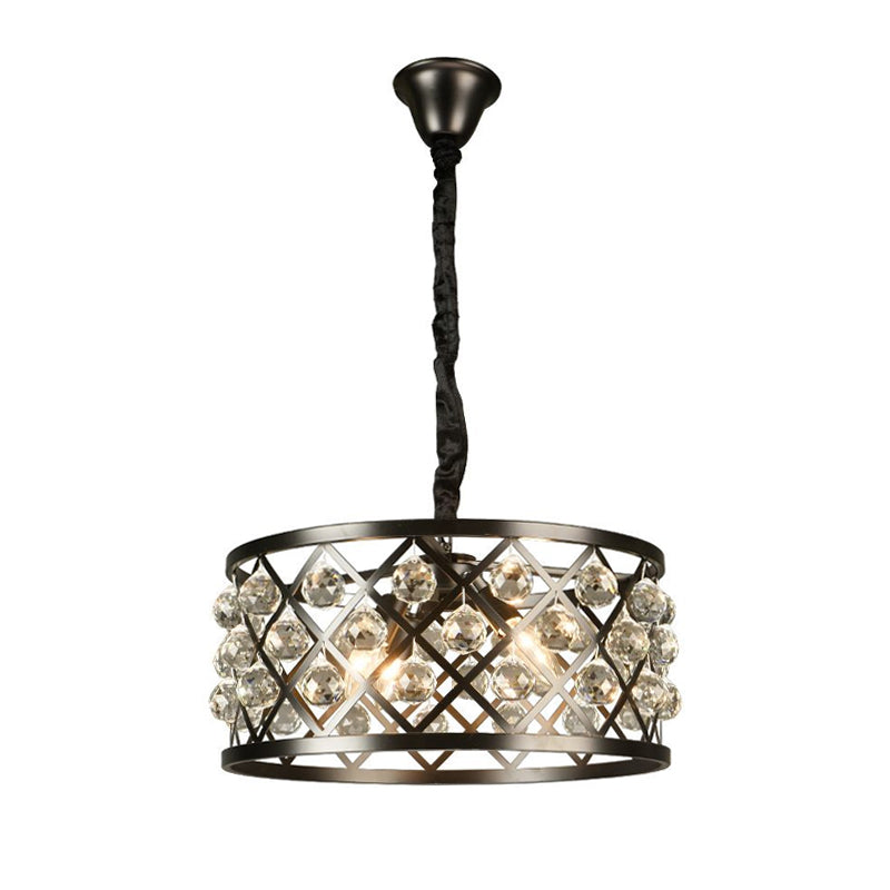 Metal And Crystal Round Ceiling Chandelier - 4-Light Black Lamp For Dining Room