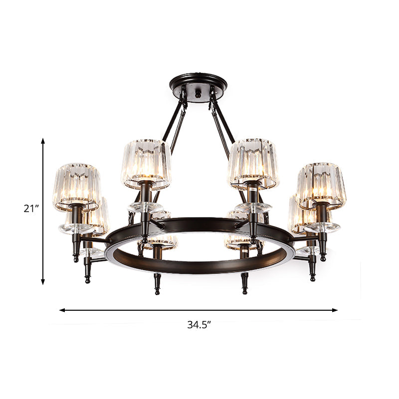 Vintage Black Barrel Hanging Light: Metal Chandelier With Prismatic Glass Shades - 3/6/8 Lights