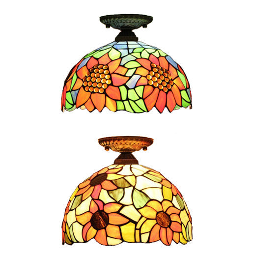 Tiffany 2-Light Domed Semi Flush Mount Ceiling Light With Sunflower Pattern In Brass/Bronze -