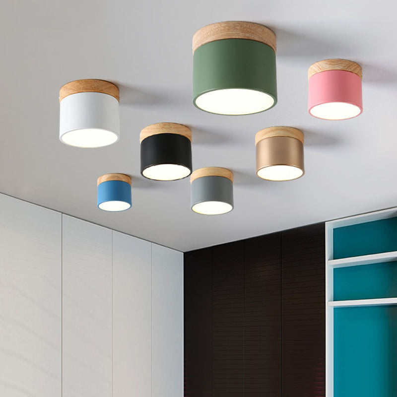 Modern Metallic Led Flush Mount: Cylinder Bedroom Lighting Simplified