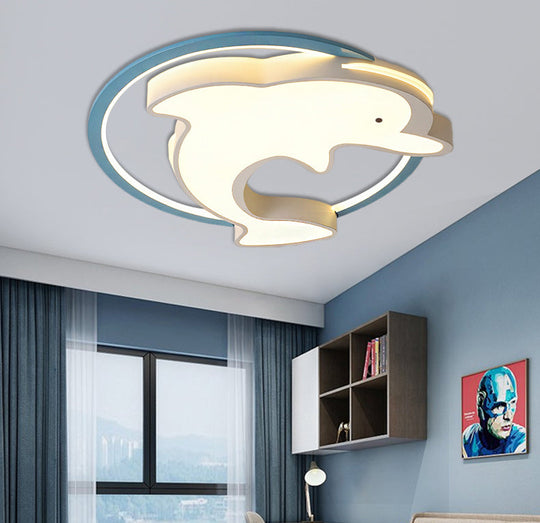 Kids Led Blue Dolphin Ceiling Light Fixture With Warm/White Acrylic Shade Flush Mount 18/23.5 W