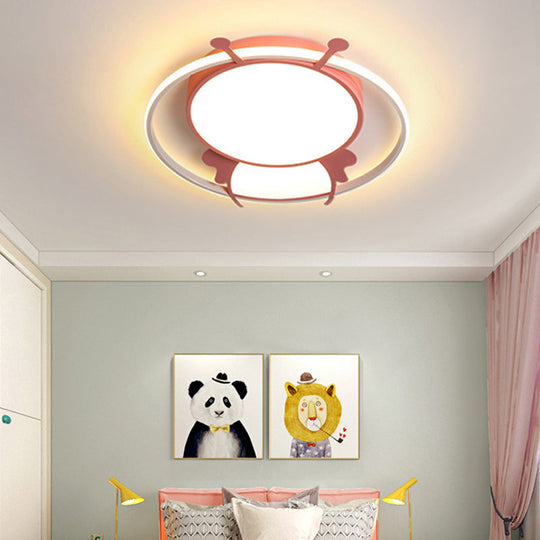 Kids Led Flush Mount Lamp With Metal Ring - Pink/Yellow Pendant Light Featuring Acrylic Bee Shade In