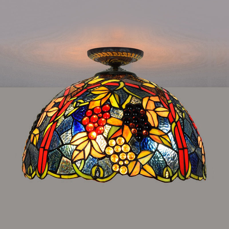 Victorian Domed Flush Ceiling Light - Brass With Grape Pattern 12/16.5 Width Stained Glass 1-Light